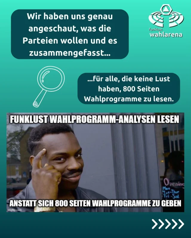 Ihr habt keine Lust auf 800 Seiten Wahlprogramm zu lesen? 👀 Und wollt euch trotzdem über die Inhalte der Parteien informieren? 

Dann haben wir für euch einen Tipp - Die Wahlprogrammanalysen auf funklust.de

Link in der Bio 🫶🏻

#wahlprogramm #bundestagswahl2025