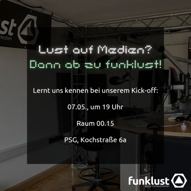 Du hast Interesse an Medienproduktion oder Technik, aber dein Studium ist dir zu theoretisch? 🤨
Dann schau bei funklust vorbei 📸

Bei uns kannst du dich in den Bereichen Video, Audio, Web, Social Media und Technik ausprobieren und praktische Erfahrung sammeln! 🤌🏻
Egal ob Audio- und Videotechnik, Filmrezensionen oder aktuelle Events rund um die Uni und Region - bei uns lernst du das know-how mit professionellem Equipment und ganz lieben Menschis 🐭✨

Komm gerne ganz unverbindlich zu unserem Kick-Off am 07.05. um 19 Uhr im PSG 00.15 in der Kochstraße 6a. Wir haben ein tolles Programm auf die Beine gestellt, damit du uns besser kennen lernen kannst 👀

Wir freuen uns auf dich! 🫶🏻

#funklust #CampusMedien #Radio #Video #Web #SocialMedia #Technik #FAU #Erlangen #Nürnberg #WeWantYou 💜